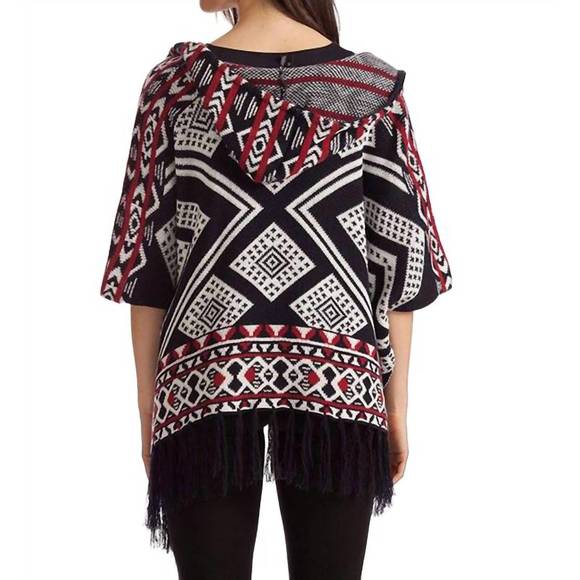 NEW FRENCH KYSS hannah tassel poncho in black/red - Picture 2 of 3